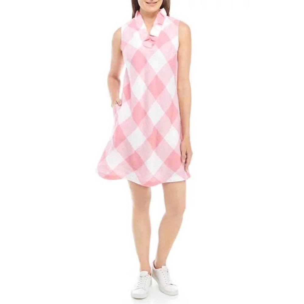 NWT Crown & Ivy Pink and White Plaid Ruffle Neck Dress